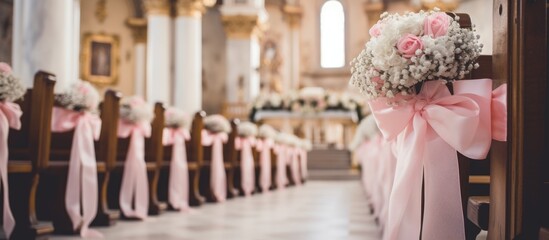 The aisle of a church is beautifully decorated with delicate pink and white flowers, creating a serene and elegant atmosphere