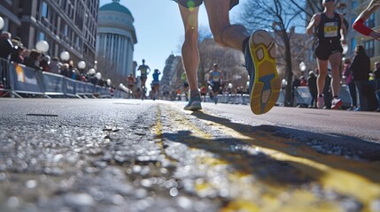 Close-up marathon leg runner event with boston marathon is one of the most prestigious and...