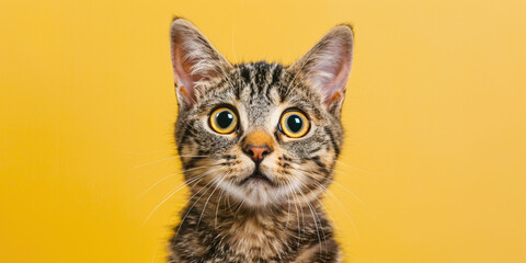 Fototapeta premium Portrait of a shocked brown cat with huge opened eyes on yellow studio isolated background. Black Friday 13th surprised with news with prices concept. Copy paste empty place for text