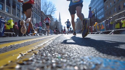 Close-up marathon leg runner event with boston marathon is one of the most prestigious and...