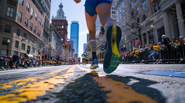 Close-up marathon leg runner event with boston marathon is one of the most prestigious and well-known marathons in the world.