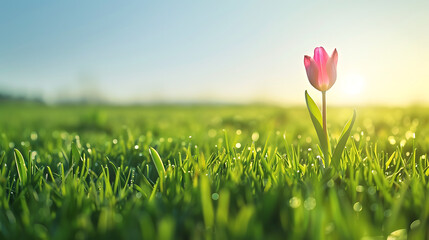 A single blooming flower in a field of greenery symbolizes growth and renewal on Earth Day, sunlight in background - obrazy, fototapety, plakaty