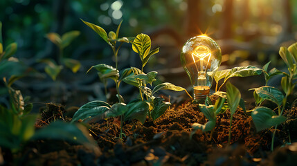A light bulb nestled within the soil of a growing plant, sustainable innovation and growth