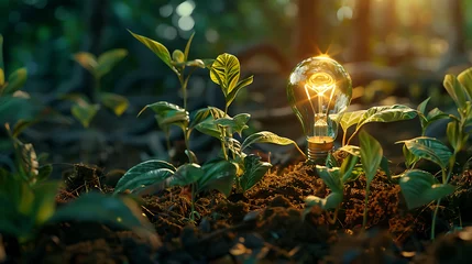 Tuinposter A light bulb nestled within the soil of a growing plant, sustainable innovation and growth © Iqra Iltaf