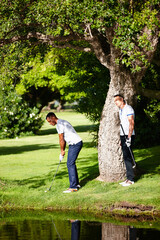 Summer, sport and friends on course for golf game or practice together at club in nature. People,...
