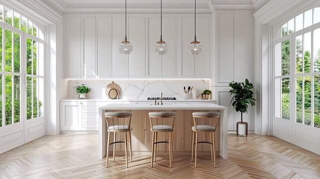 Kitchen interior in beautiful new luxury home with kitchen island and wooden floor, bright modern minimal style, with copy space for text.