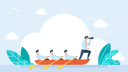 Leadership to lead business in crisis, teamwork or support to achieve target, vision or forward strategy for success. People in boat. Businessman Leader looking through  telescope. Vector illustration