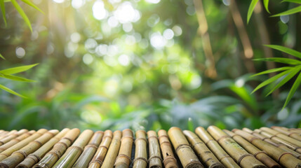 This high-resolution image showcases a closeup of a bamboo surface, with a soft-focus background highlighting lush greenery
