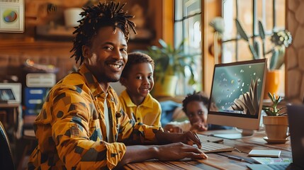 portrait of a single father working from home with kids - obrazy, fototapety, plakaty