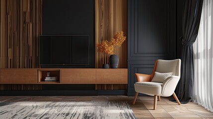 Modern living room with armchair in front of dark wall background, featuring a TV cabinet. copy space for text.