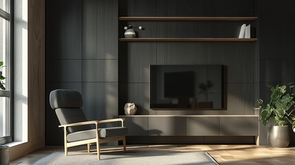 Modern living room with armchair in front of dark wall background, featuring a TV cabinet. copy space for text.