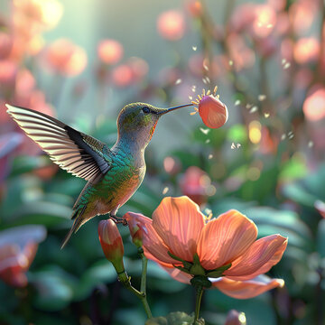 3d rendered photos of a humming bird standing still with opened feathers around a flower made with generative AI