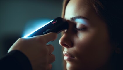 closeup of woman getting her temperature measured with infrared thermometer - obrazy, fototapety, plakaty