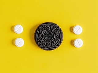 a cookie and pills on a yellow background