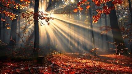 Sun beams in an autumn morning forest. copy space for text.