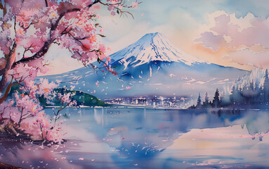 A watercolor painting of a serene Mountain, with Sakura blossoms in full bloom, generative AI.