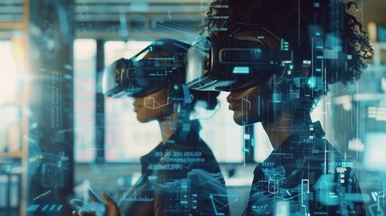 Two people wearing virtual reality headsets interact with a digital interface in a high-tech workspace. copy space for text. - Powered by Adobe