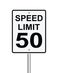 Traffic road sign Speed limit 50 on white