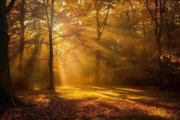 Naklejka na ściany i meble photo sunlight passing through autumn trees