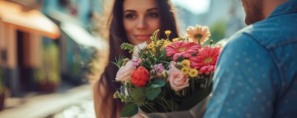 Woman receiving a bouquet of flowers from gentleman - obrazy, fototapety, plakaty