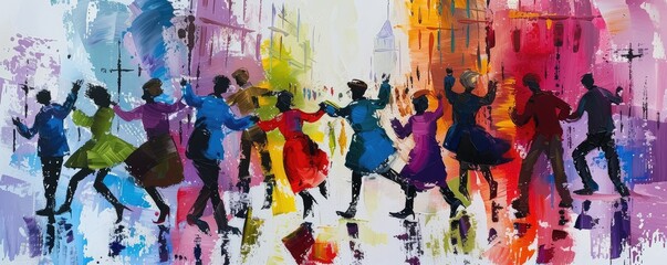 Colorful abstract painting of a dance party