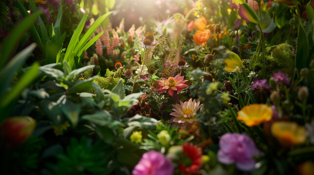 A natural light photo of a flower Show during spring showcasing stunning floral displays and garden designs from around the world.