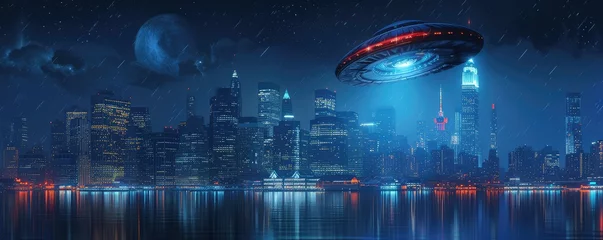 Foto auf Acrylglas Antireflex UFOs hovering above a modern city skyline © Juraj