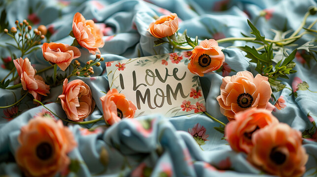 Mother's Day. Rustic style postcard with hand-painted on soft fabric background "I love mom". 