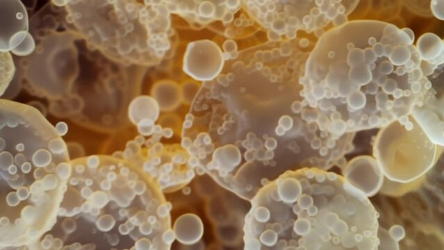 A microscopic view of different types of adipose cells including white and brown fat cells. The brown fat cells have a higher concentration . AI generation.
