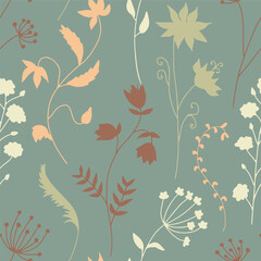 Seamless pattern with colorful wildflowers silhouettes on blue background. Vintage ditsy floral repeat pattern