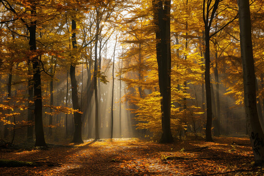 photo sunlight passing through autumn trees