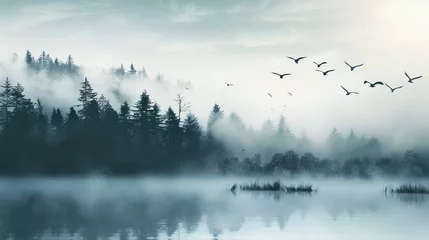 Selbstklebende Fototapeten Tranquil Misty Landscape: Birds Soaring Above Silhouetted Trees © Nurana
