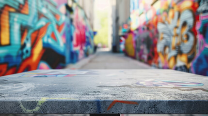 Focused on a gritty foreground with colorful graffiti murals on the alley walls behind, evoking urban creativity