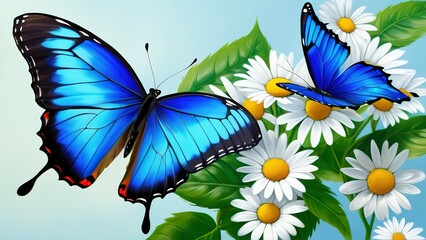 colorful blue tropical morpho butterflies on delicate daisy flowers painted with oil paint