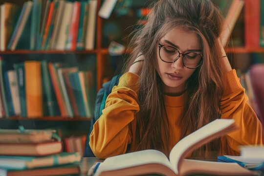 Student woman finding it difficult at study and comprehend scool tasks, Generative AI