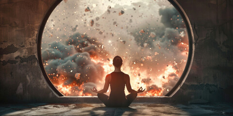 Woman meditating breathing in lotus pose looking out circular window with bomb explode outside in the city. Staying calm relaxed in stressful pushing situation. Mental health concept