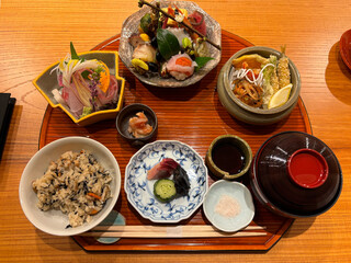 High angle view of Japanese dish at lunch time on table of restaurant on a winter day. Photo taken February 5th, 2024, Kyoto, Japan.