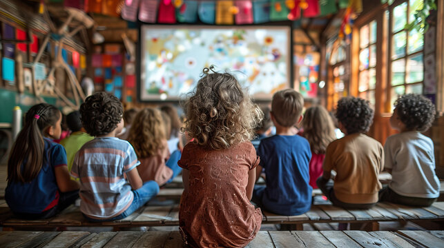 The kids at the school are on the interactive whiteboard. 