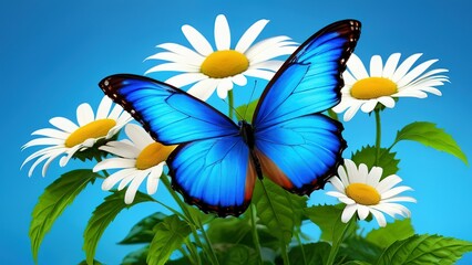 colorful blue tropical morpho butterflies on delicate daisy flowers painted with oil paint