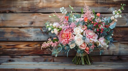 Exquisite Flower Bouquet Adorning a Wooden Table - obrazy, fototapety, plakaty