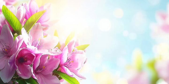 A beautiful pink flower with green leaves is the main focus of the image. The flower is surrounded by a blue sky, which adds a sense of calmness and serenity to the scene