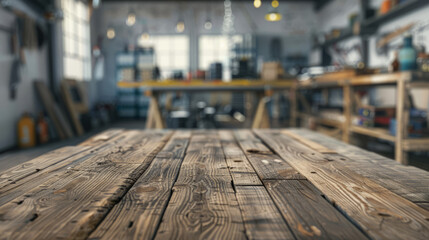 A cozy warm-toned wooden countertop with a blurred background of a bright and organized workspace filled with tools