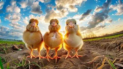 Fotobehang Two small chicken chicks are standing in green grass during the sunset © Anoo