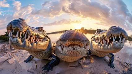 Zelfklevend Fotobehang Two crocodiles are sitting on the sand with their mouths wide open © Anoo