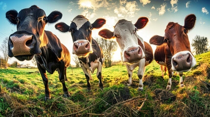 Three beautiful brown cows standing next to each other in a lush green field, peacefully grazing on the fresh grass