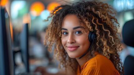 Close up portrait of a pretty woman wearing headphone. Photography for call center employee, freelance, assistant, communicating online, tech support. Looking at camera, smiling friendly.