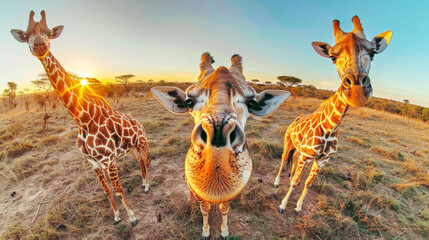 A beautiful group of giraffe standing close together in a vast field, showcasing their long necks and unique spotted patterns - obrazy, fototapety, plakaty