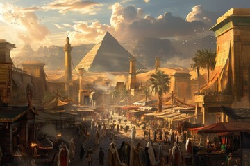 An ancient Egyptian city at the peak of its glory, with pyramids, Sphinx, and bustling markets. Resplendent. - obrazy, fototapety, plakaty