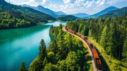 Gardinen A train travels through a dense, vibrant green forest, surrounded by tall trees and lush foliage © Anoo