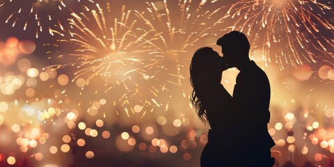 A silhouette of a couple engaged in a romantic kiss against a backdrop of bursting fireworks in the night sky - obrazy, fototapety, plakaty